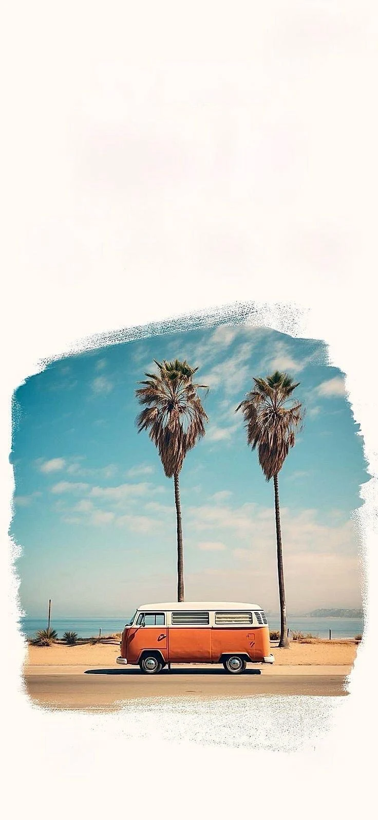 Vintage Volkswagen Bus At Beach - Vintage Digital Art iPhone Wallpaper (736x1595)