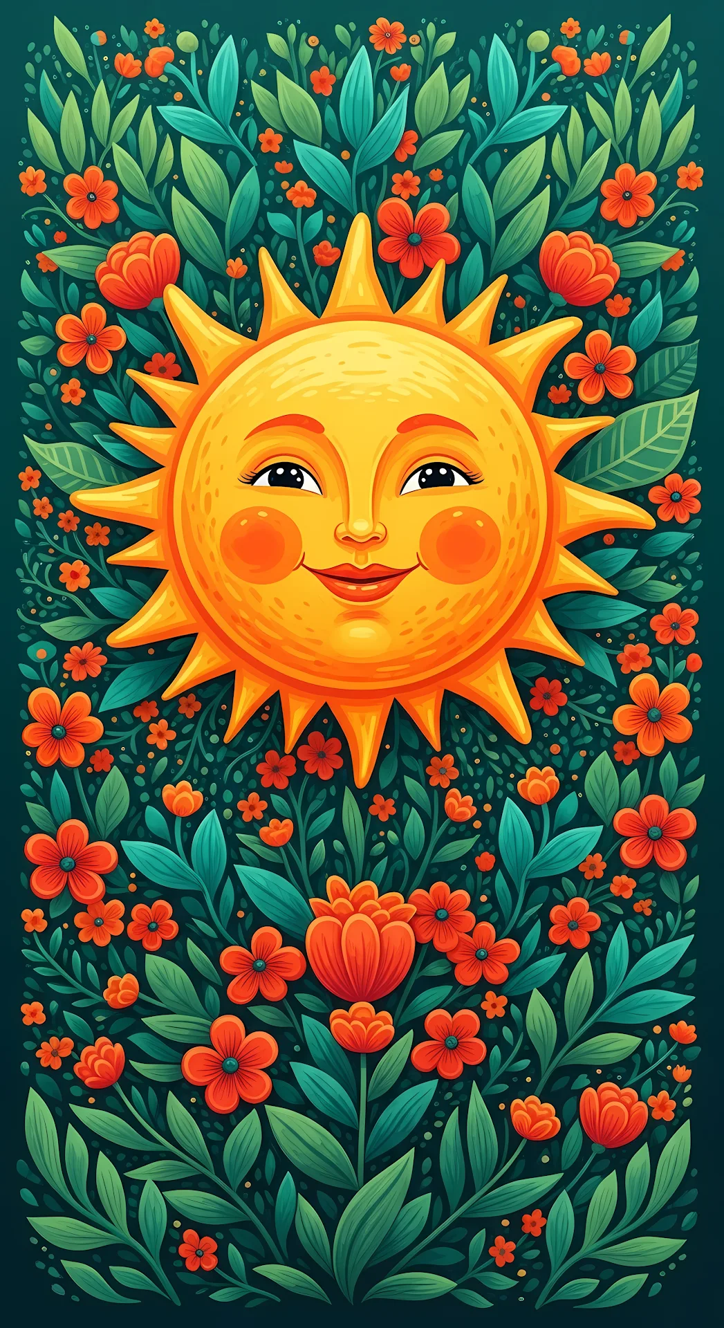 Smiling Sun Face Surrounded by Vibrant Folk Art Flowers - Free 4K mobile Wallpaper