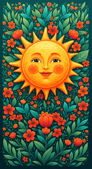 Smiling Sun Face Surrounded by Vibrant Folk Art Flowers - Free mobile Wallpaper