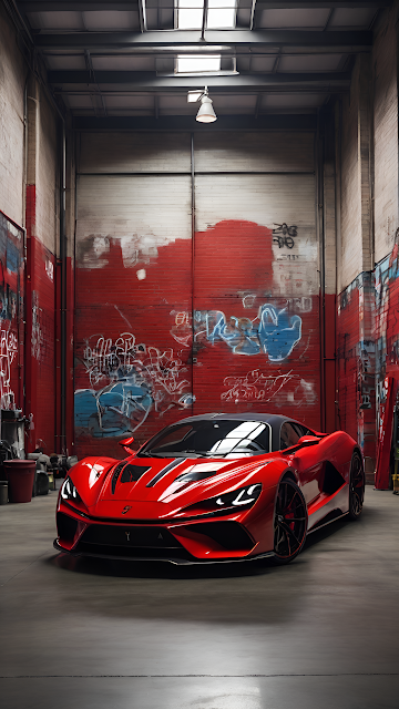 Modern Red Supercar in Gritty Industrial Garage Graffiti - Free mobile Wallpaper