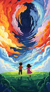 Children Running Towards Cosmic Sky Vortex Illustration