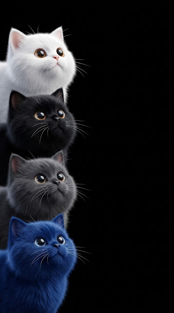 Cute Stylized Stacked Cats Dark AMOLED Mobile Wallpaper - Free mobile Wallpaper