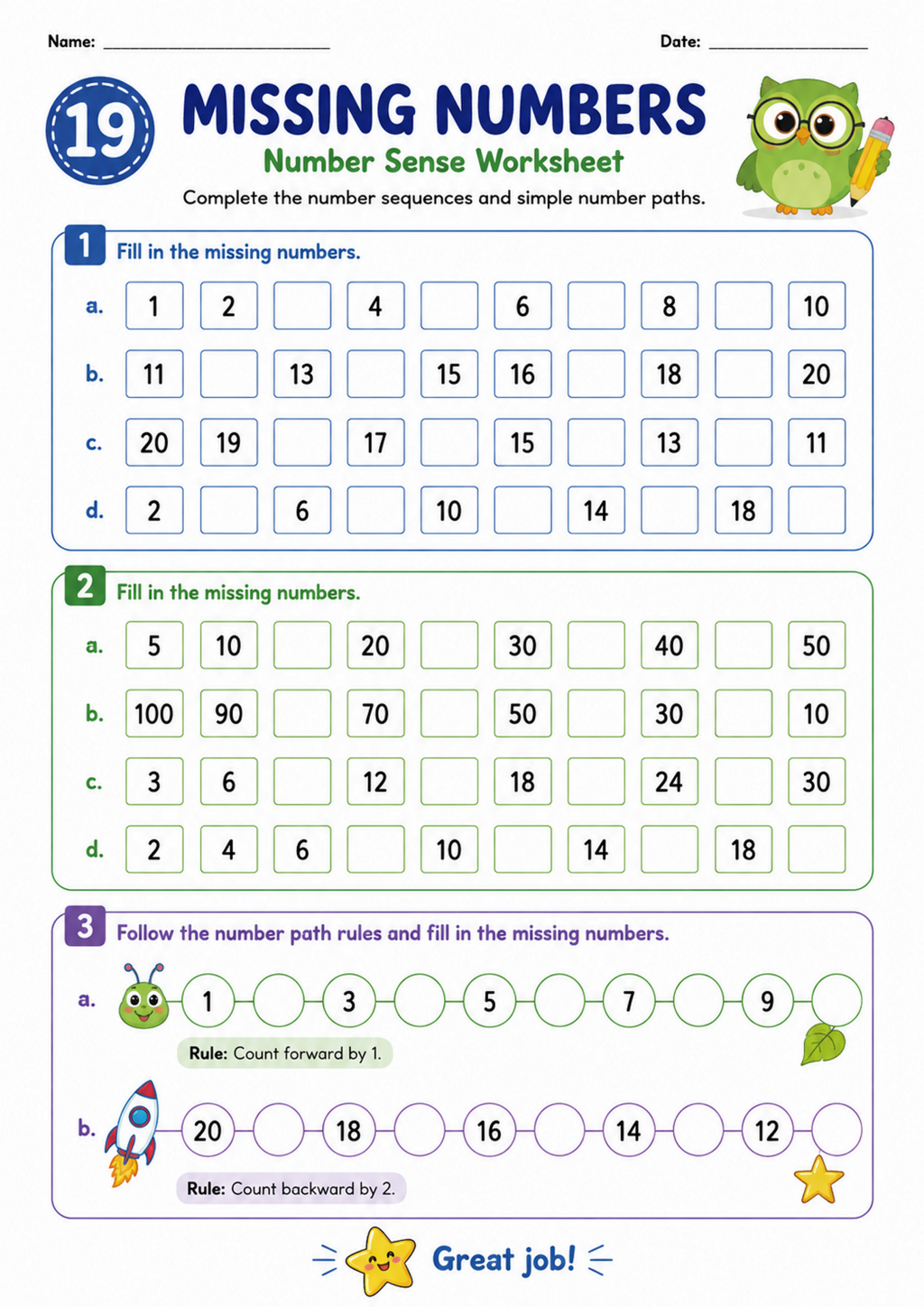 Missing Numbers Number Sense Worksheet