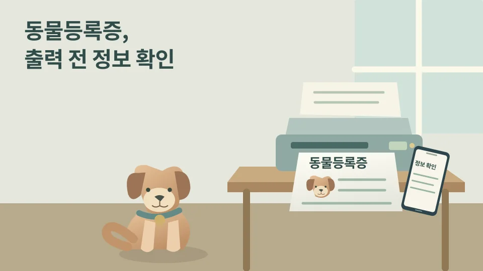 반려견이 곁에 있는 집 안 책상에서 등록증을 출력하며 휴대폰 등록정보와 대조하는 장면
