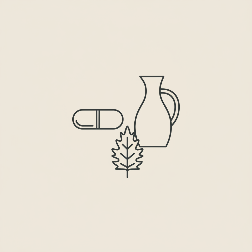 Minimal Tonum-style line illustration of a capsule, water carafe, and milk thistle leaf on beige background representing thermoburn side effects.
