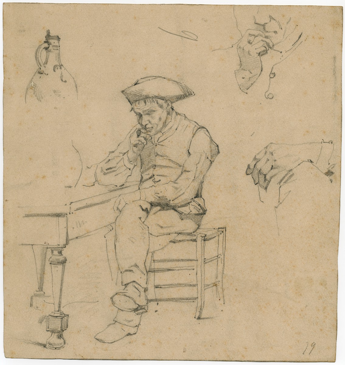 Man with a pipe sitting at a table study of a hand smoking man and a jar