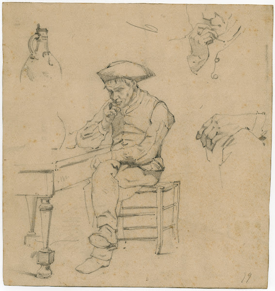 Man with a pipe sitting at a table study of a hand smoking man and a jar