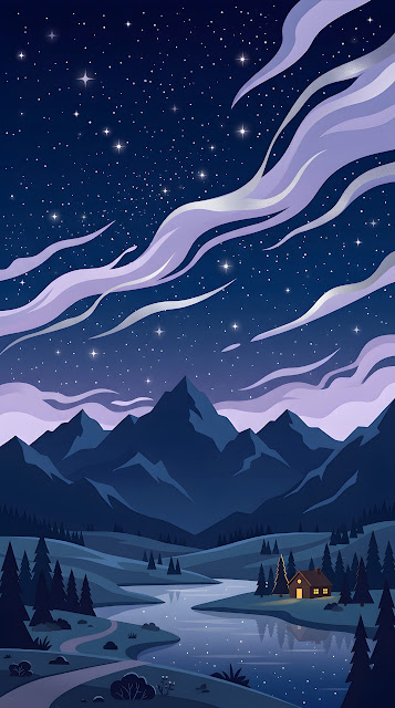 Cartoon Style Mountain Landscape Under a Starry Dark Blue Sky - Free mobile Wallpaper