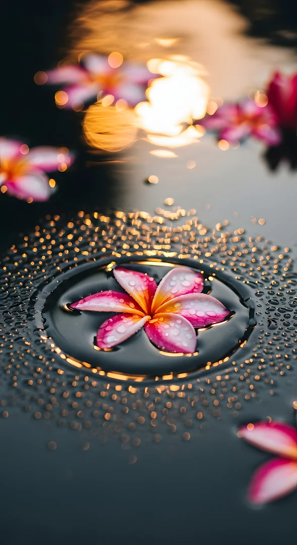 Plumeria Flower Water Reflection Golden Sunset