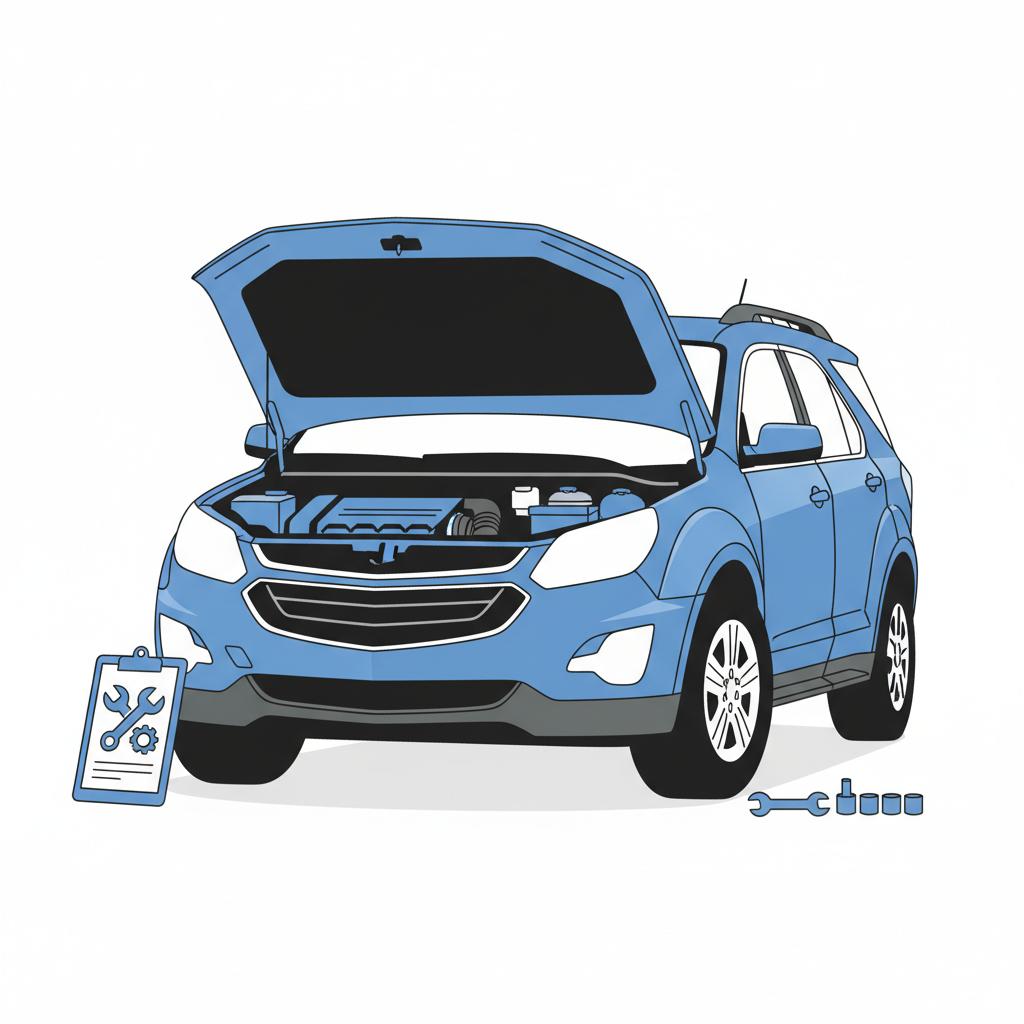 Minimalist vector illustration of a chevrolet equinox suv engine bay open hood in a clean garage with clipboard service icons and wrench on white