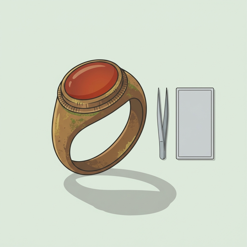 Minimalist 2D vector close up of a carnelian cabochon ring bezel and hoop with visible patina and conservation tools on a neutral ede7da background
