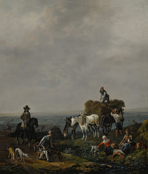 Falconers on a path with harvesters loading hay onto a wagon nearby a valley bey