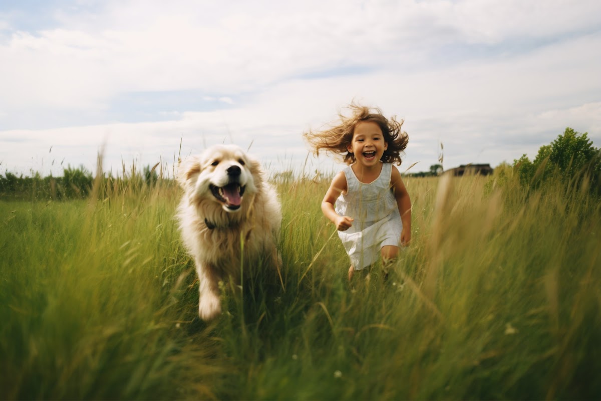 Child with pet dog in the field