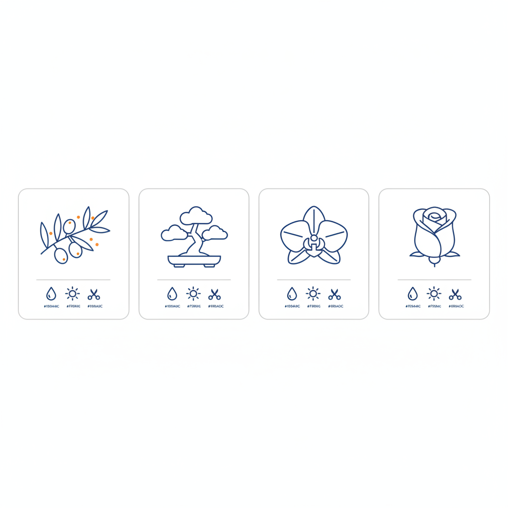 Minimalistische 2D-Vektor-Infografik mit Olive, Bonsai, Orchidee und Rose plus Pflegepiktogrammen – pflanzen zur goldenen hochzeit