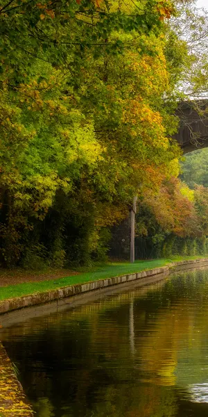 Canal Under Stone Bridge in Autumn 4K Wallpaper Background