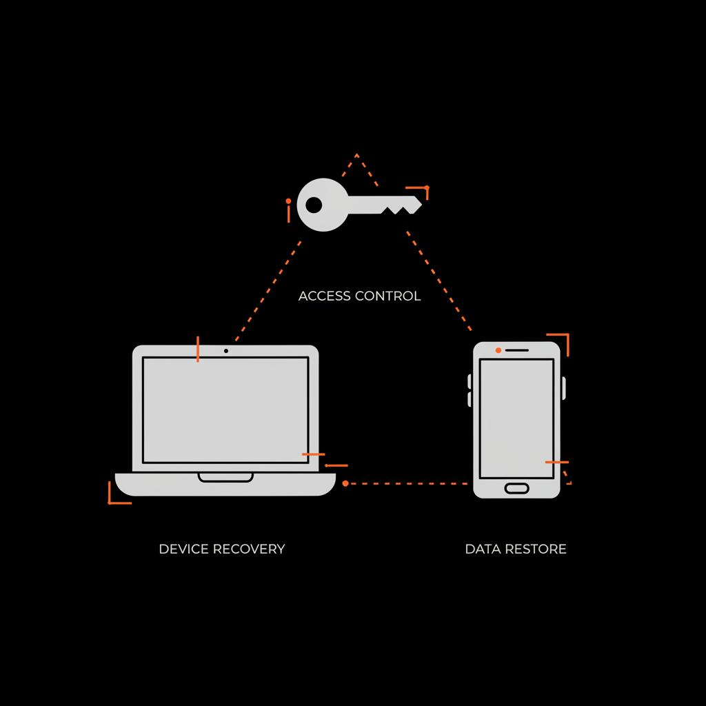 Minimal vector infographic on black background showing laptop, smartphone, and key connected by dotted lines, illustrating how to recover a single forgotten password.