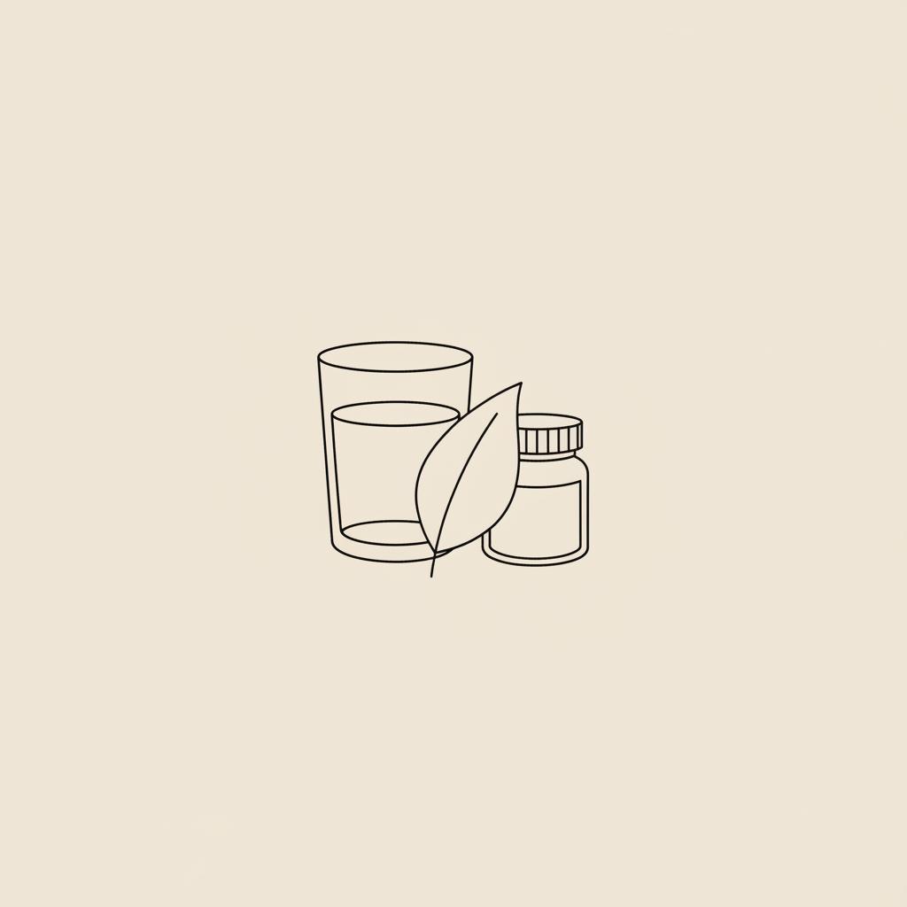 Minimalist line illustration of a glass of water, a tea leaf, and a capsule bottle on beige background — best drinks for weight loss