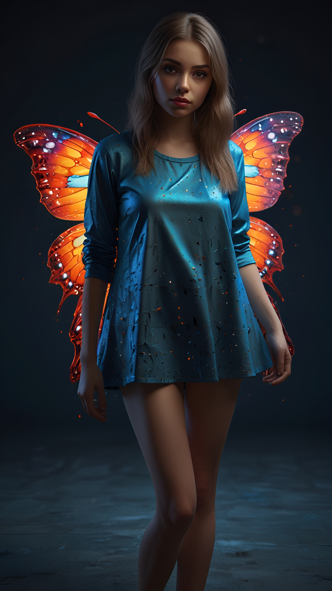 Woman with Glowing Butterfly Wings in Dark Mystical Setting - Free 4K mobile Wallpaper