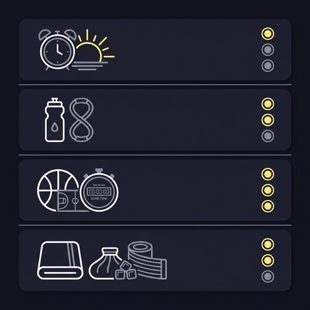 Minimalist 2D vector infographic for Building a College Basketball Daily Checklist showing four stacked sections morning pre game in game post game with simple flat icons and Funded Plays brand colors