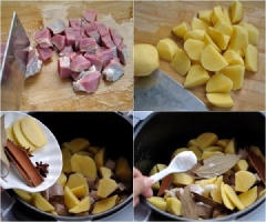 Thịt bò rửa sạch, thái miếng hình quân cờ, chần qua nước sôi. Khoai tây rửa sạch, gọt vỏ, thái miếng dày vừa phải. Xếp thịt bò, khoai tây vào nồi. Nêm 1 muỗng cà phê bột canh, 2 muỗng cà phê nước mắm, 1 muỗng cà phê đường, thêm hạt thì là, hạt nhục đậu khấu, thảo quả, thanh quế, hoa hồi, gừng, lá nguyệt quế khô ướp trong khoảng 30 phút. Đổ 1 lít nước xâm xấp mặt thịt.