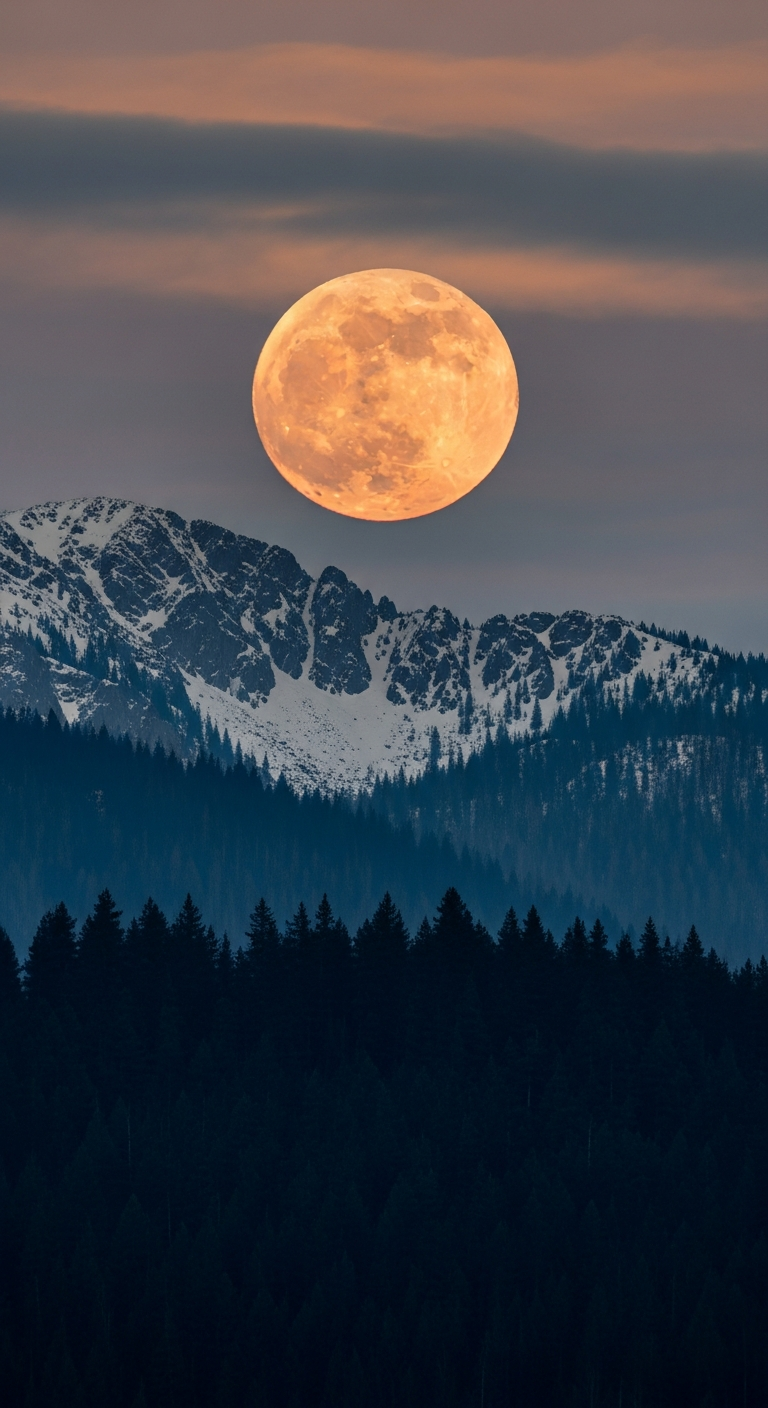 Atmospheric Dusk View of Snowy Mountain Peaks with Giant Orange Moon - Free 4K mobile Wallpaper