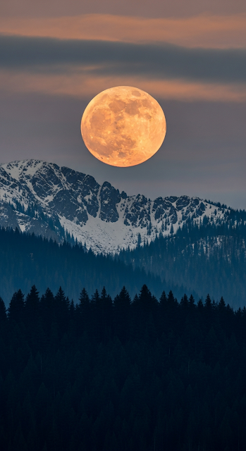 Atmospheric Dusk View of Snowy Mountain Peaks with Giant Orange Moon - Free mobile Wallpaper