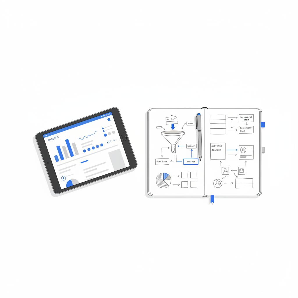 Top-down vector workspace with tablet analytics mockup and notebook funnel sketches illustrating Facebook ads targeting business owners, minimalist white layout
