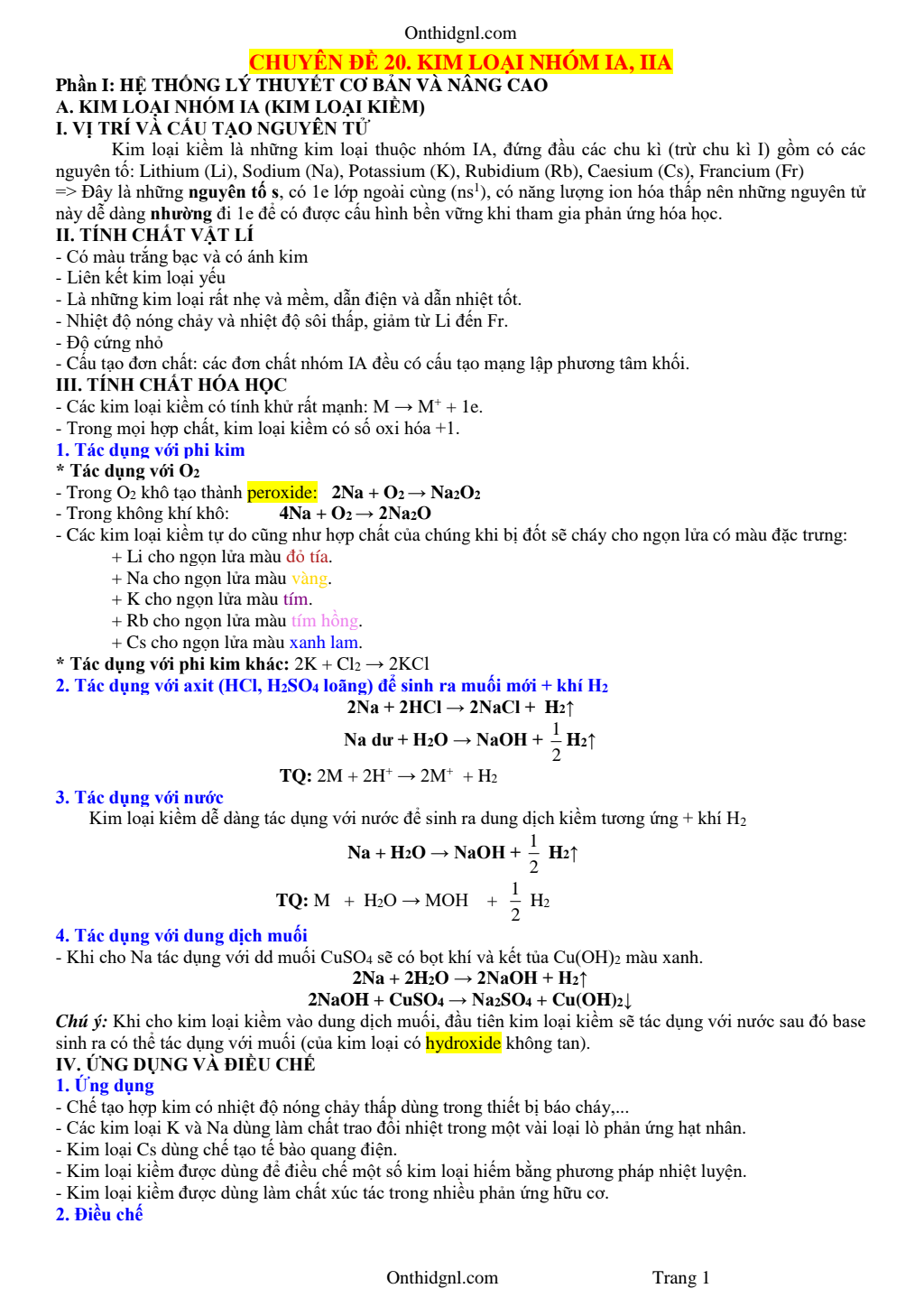 Chuyên Đề Kim Loại Nhóm IA, IIA Bồi Dưỡng Học Sinh Giỏi Hóa 12 Giải Chi Tiết pdf