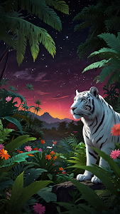White Tiger in Tropical Jungle Under Starry Sunset Sky