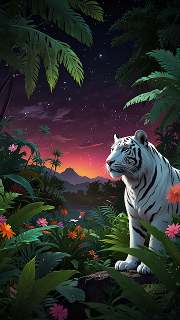 White Tiger in Tropical Jungle Under Starry Sunset Sky