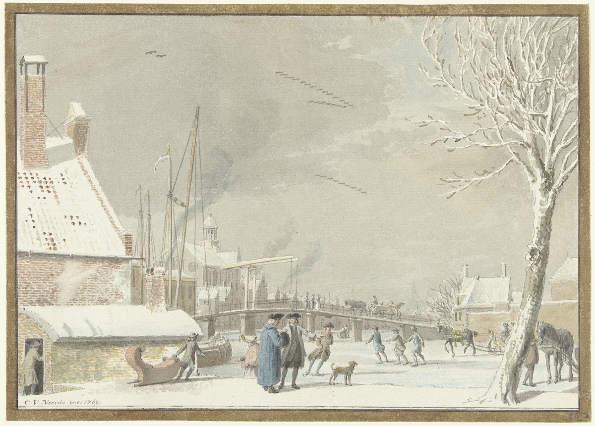 Bevroren stadsgracht met schaatsers 1769