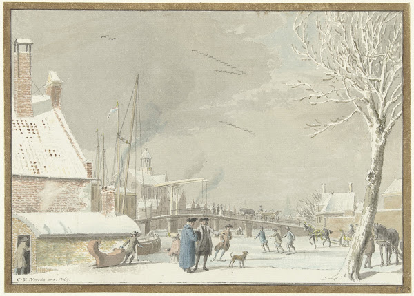 Bevroren stadsgracht met schaatsers 1769