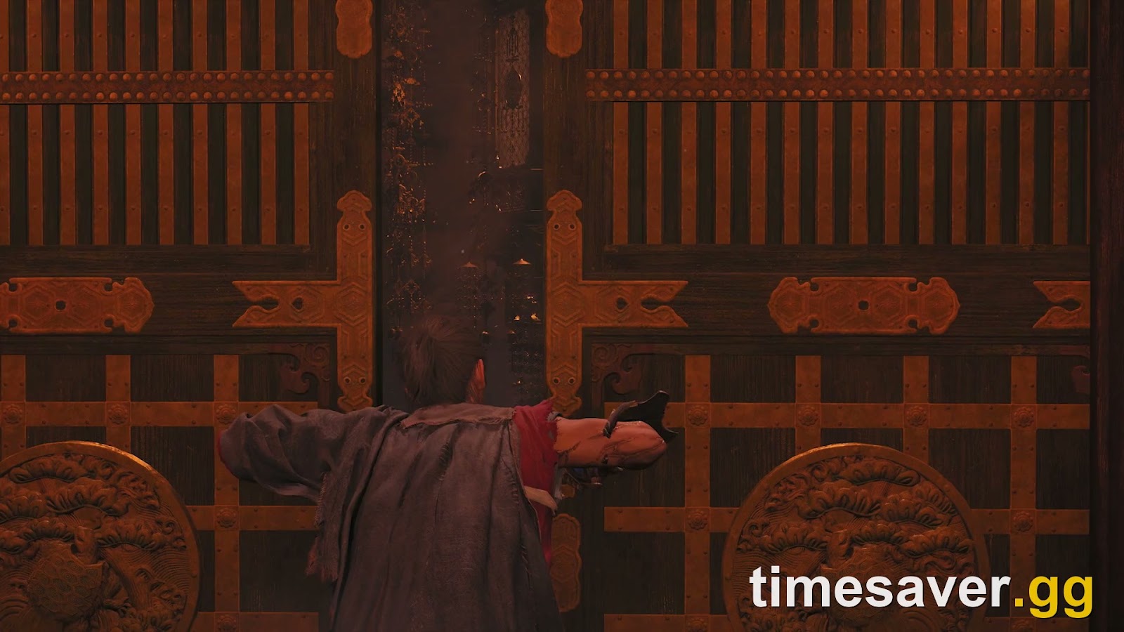 Miyamoto Musashi pushes open a great temple gate in Edo-period Kyoto in Onimusha: Way of the Sword