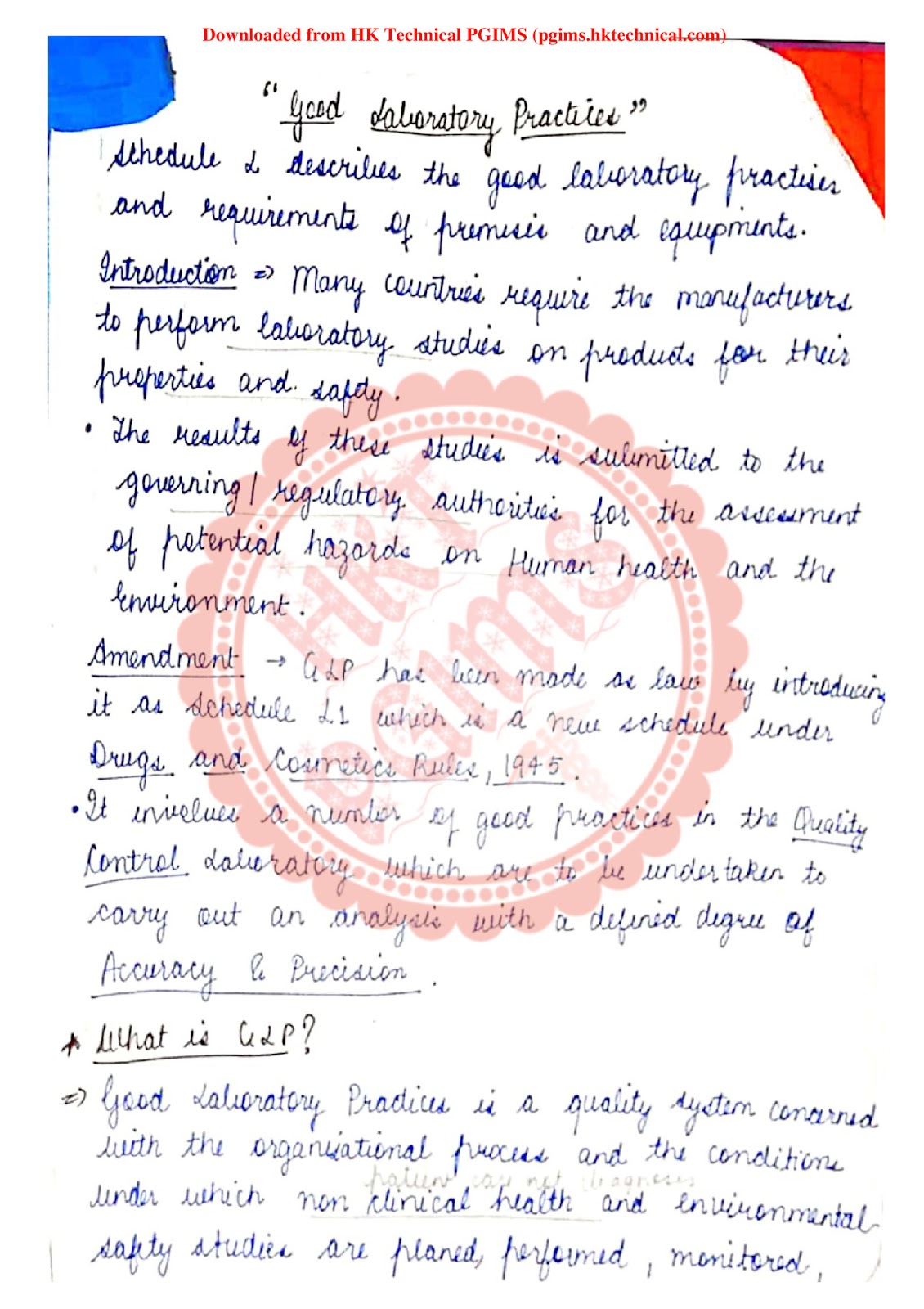 Good laboratory practices GLP Handwritten 6th Semester B.Pharmacy ,BP606T Quality Assurance,