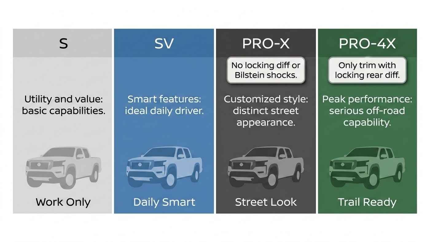 2026 Nissan Frontier trim levels compared from S to PRO-4X by work use, daily value, style, and trail capability.