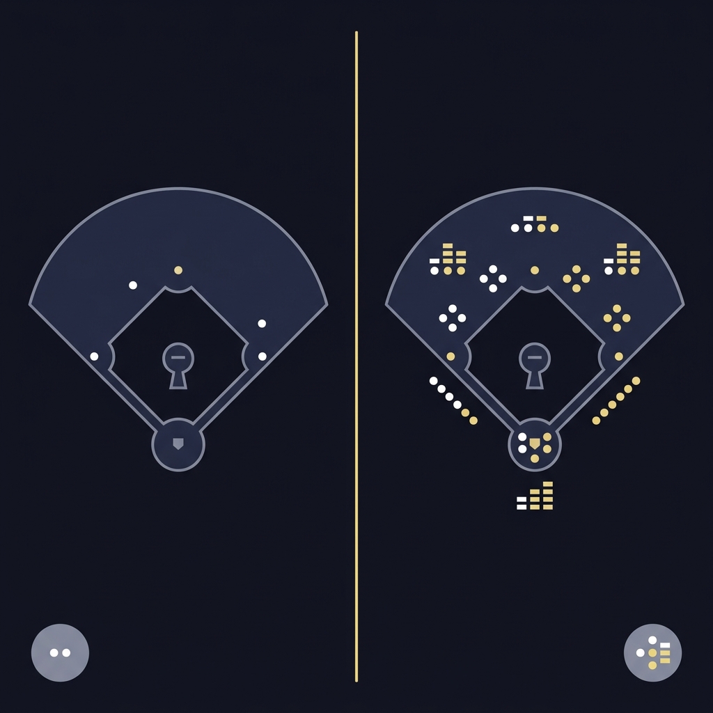 Minimalist 2D vector comparison for runline calculator showing left low scoring pitcher duel and right high offense matchup with dot based score indicators and Funded Plays brand colors
