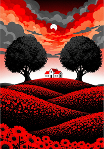 Surreal Red Landscape White House Black Trees Art