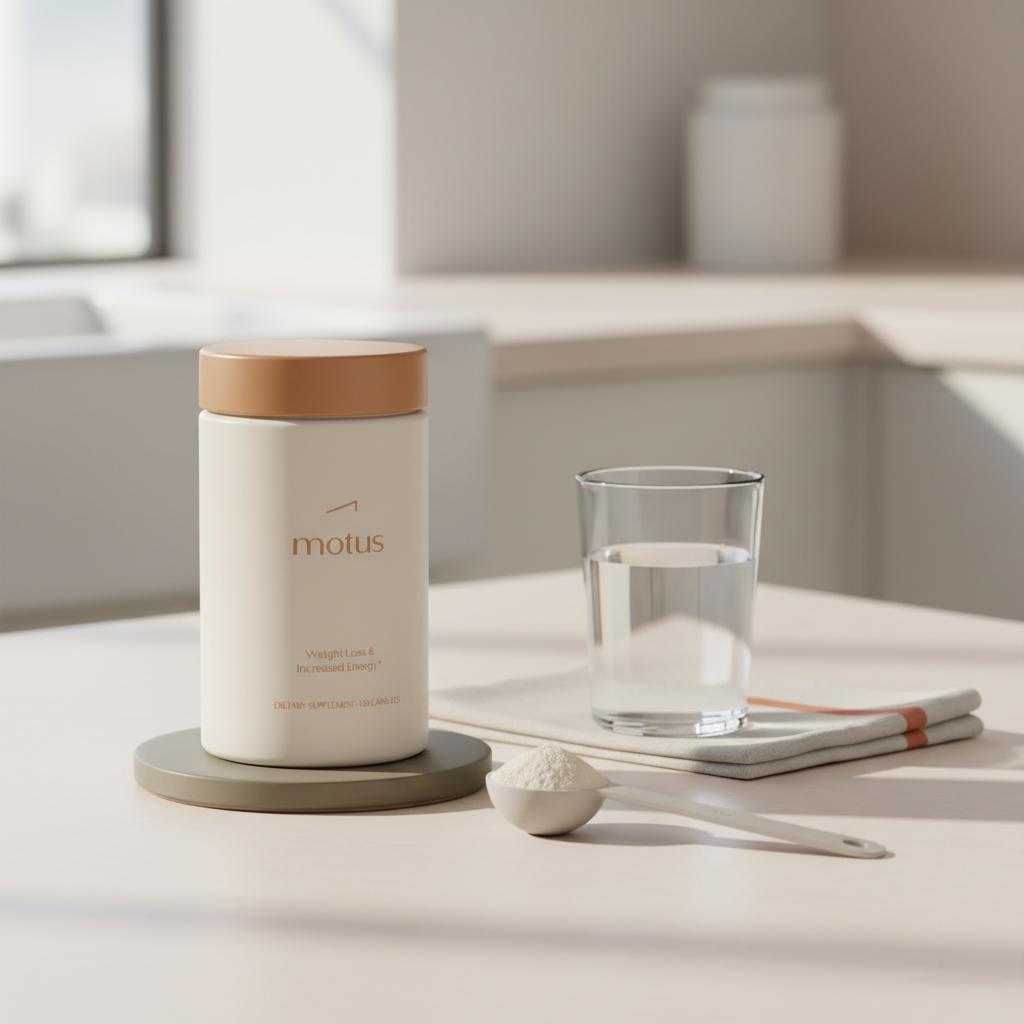 Minimal kitchen counter with Tonum supplement container, measuring spoon of psyllium husk powder beside a filled glass of water on a beige #F2E5D5 background.