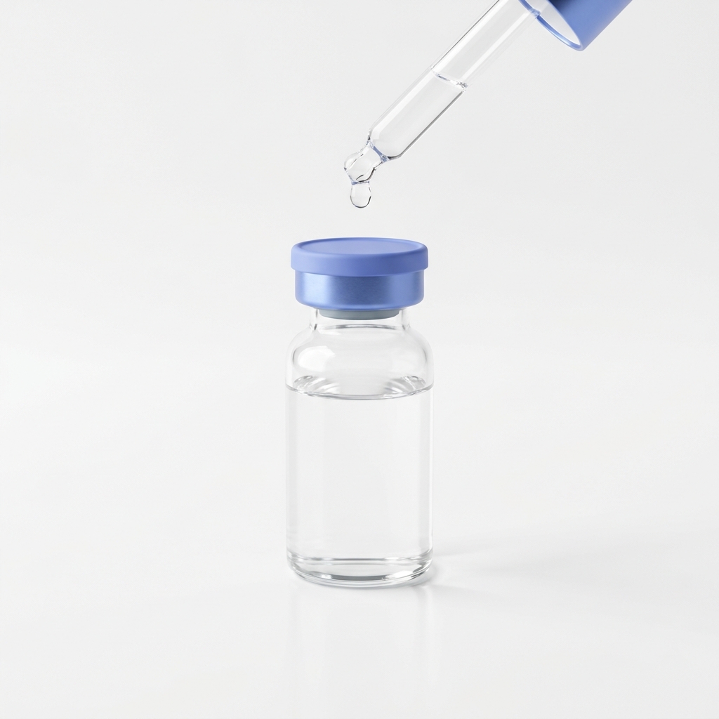 Minimalist product photo of a clear glass vial and pipette on white background with purple 7173eb accents reflecting Peptide World aesthetic bpc 157 peptide