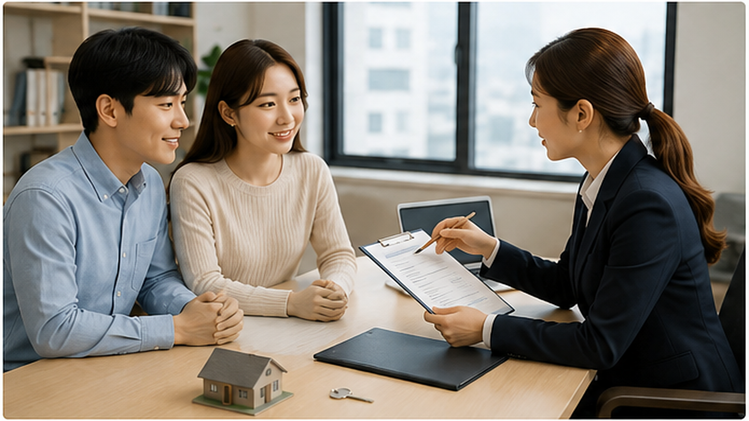 재개발 재건축 단지 이주 세입자가 새 전셋집을 알아보며 상담받는 장면