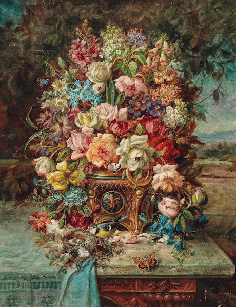 Reiches Blumenstillleben mit Blaumeise vor einer weiten Landschaft