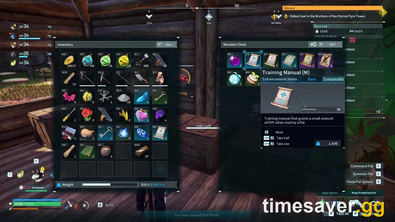 Palworld Training Manual (Medium) item tooltip showing the fixed EXP it grants to a Pal
