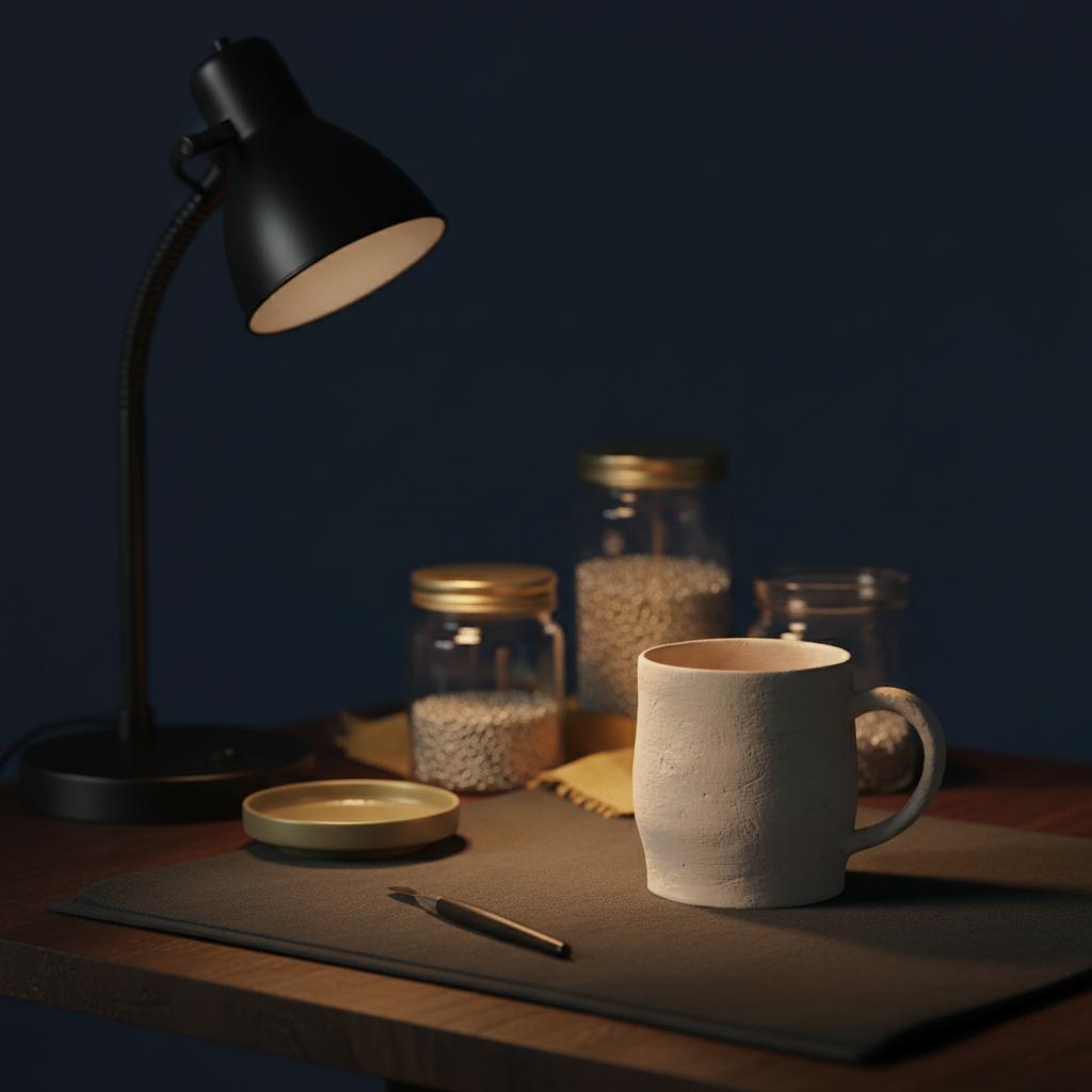 etsy seller exodus: minimalist tabletop craft workspace with jars of beads, heat lamp and ceramic mug in progress on #0B1E33 background with subtle #C8A45D accents