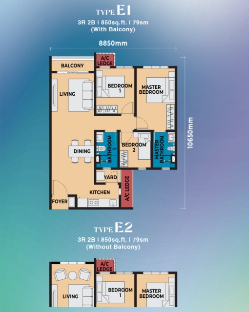 Dover, Causewayz Square Type E floor plan — 756 sq ft, 2 bedrooms