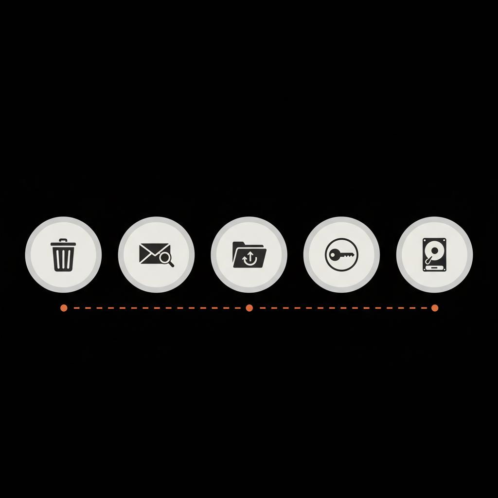 Minimal 2D vector infographic on black background showing five icons to recover old Yahoo emails: trash bin, magnifier over envelope, restore arrow, sign-in key, and backup drive.