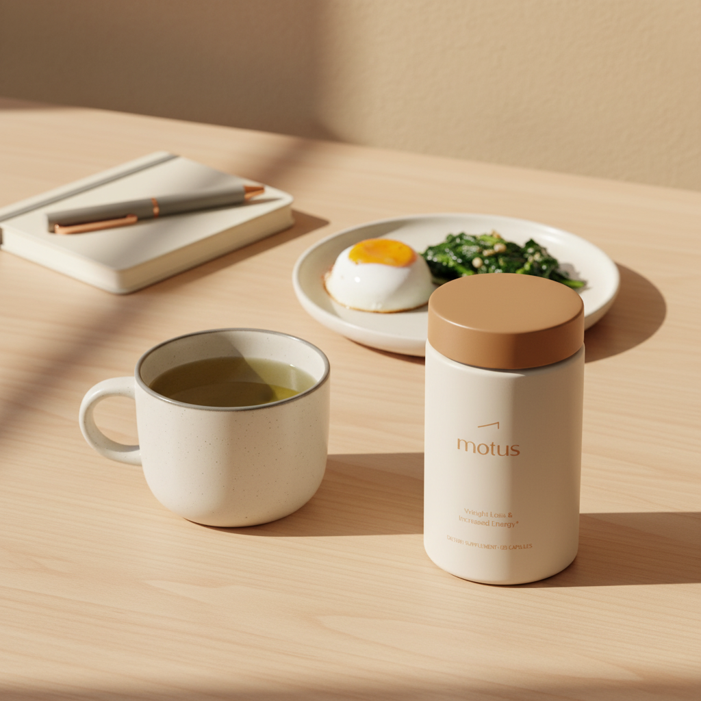 Tonum Motus jar on wooden table with green tea mug, egg and spinach plate, and notebook in a minimalist morning wellness scene — best metabolism booster