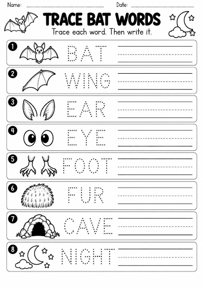 Trace Bat Words Worksheet