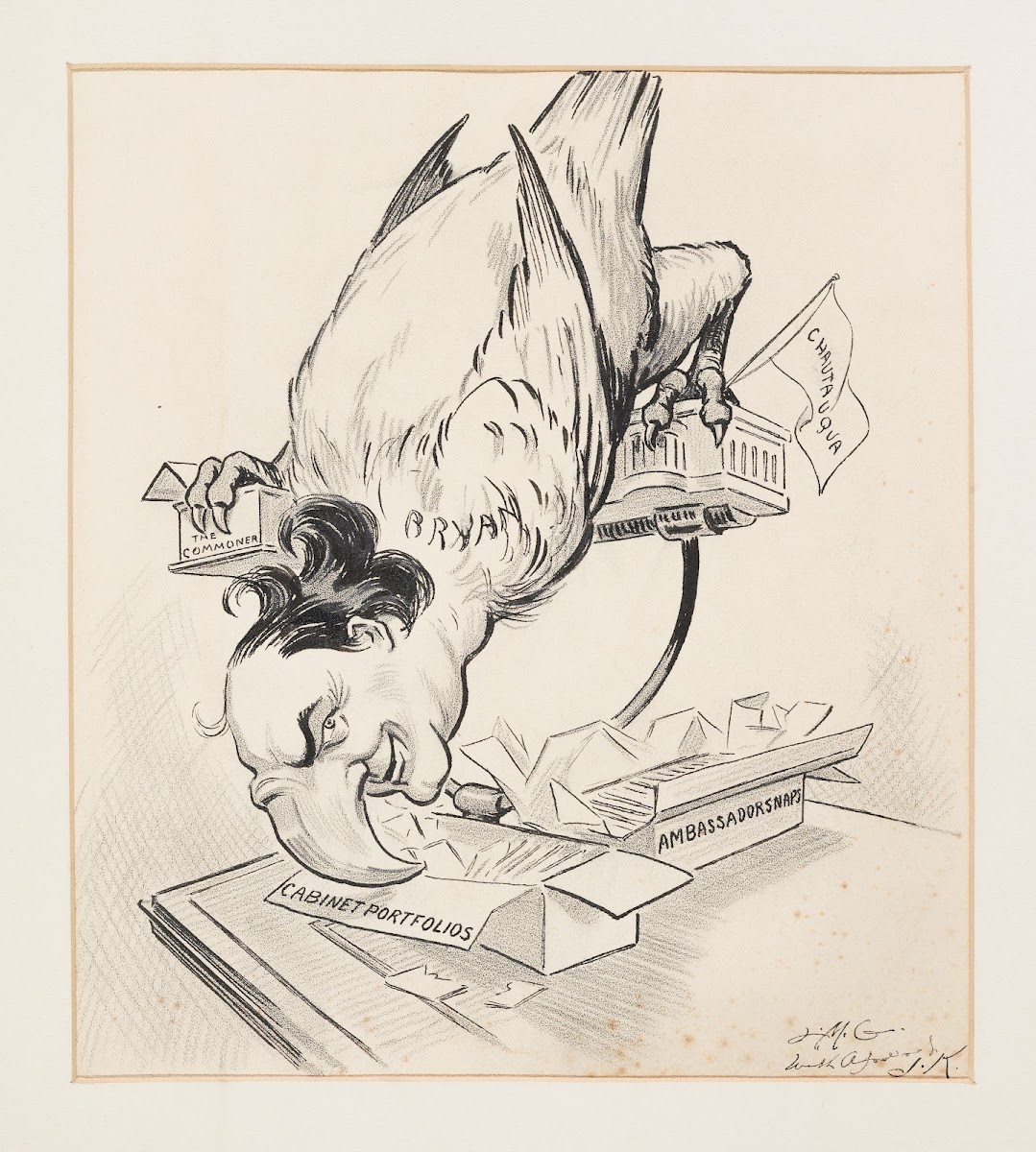 William Jennings Bryan depicted as a bird stands on a perch made from buildings