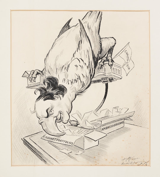 William Jennings Bryan depicted as a bird stands on a perch made from buildings