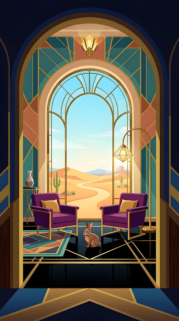 Stylized Art Deco Interior with Desert View - Free mobile Wallpaper